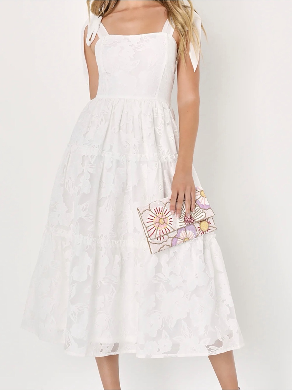 NWT Lulus White Floral Tiered Tie Strap Midi Dress cottagecore, Bohemian